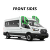 White Transit van with custom-cut front side windows on a plain white background.