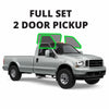 Silver 2-door pickup truck with green outlines highlighting window sections and text reading "FULL SET 2 DOOR PICKUP."