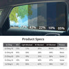Car window demonstrating various G-Cling tint levels from 73% to 5% VLT, with an accompanying chart detailing light, IR, and UV blocking percentages and privacy levels.