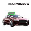 A maroon sedan with sleek design and green outlines on windows, with "REAR WINDOW" text above.