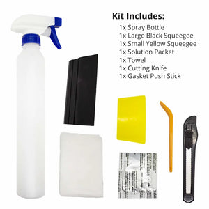 Essential tools for film application: Black and yellow squeegee, gasket push stick, solution, cutting knife, and towel.