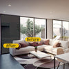 A living room with "Before" and "After" labels showing the effect of 20% VLT static cling window tint versus clear glass doors.