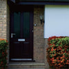 Residential front door with a dark wooden design, mail slot, and with 5% VLT static cling window tint, surrounded by brick walls and shrubs.